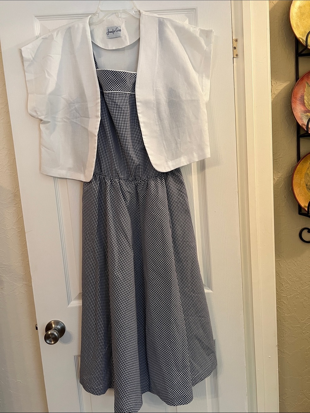 White Bolero with Navy Gingham Formal Dress by